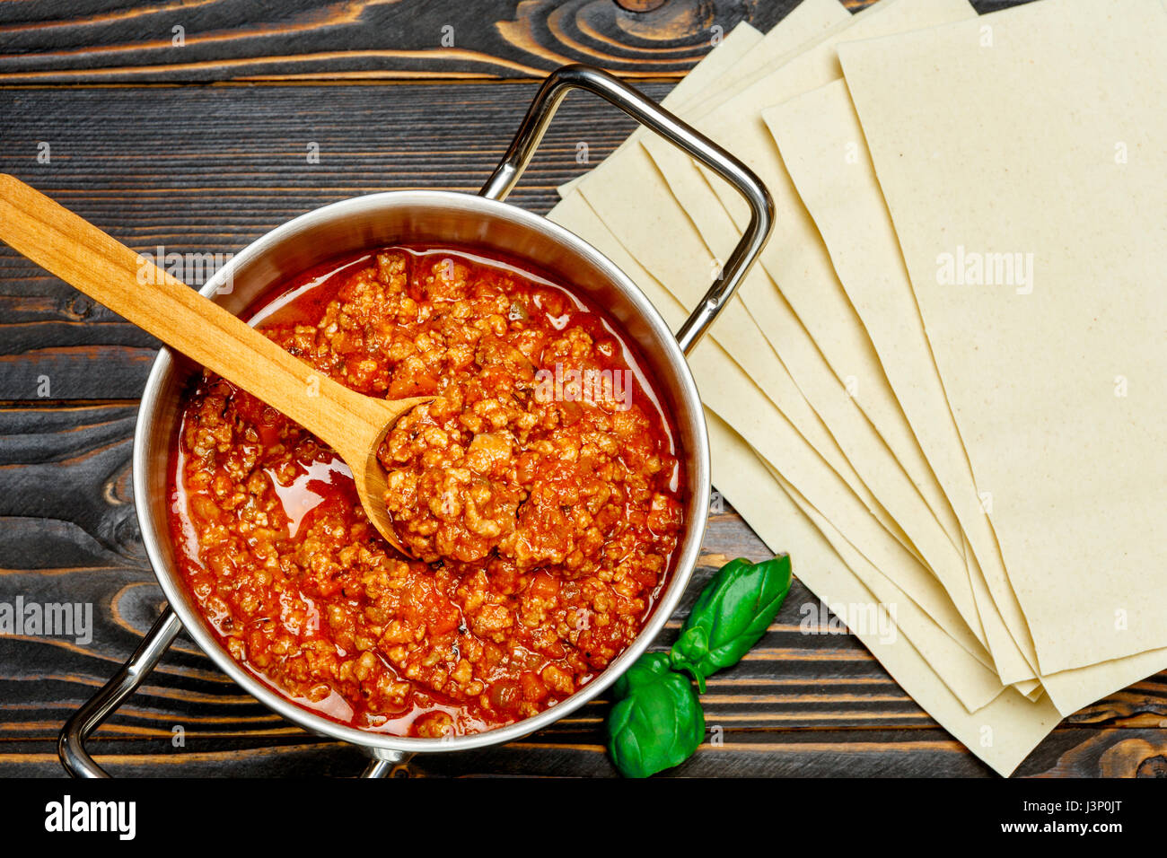 Spaghetti bolognese sauce and lasagna sheets Stock Photo