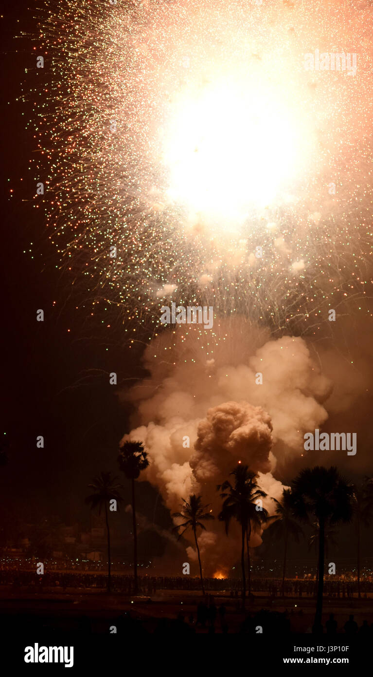 Fireworks takes place at an festival in Kerala, where huge crackers are blasted like bombs Stock Photo