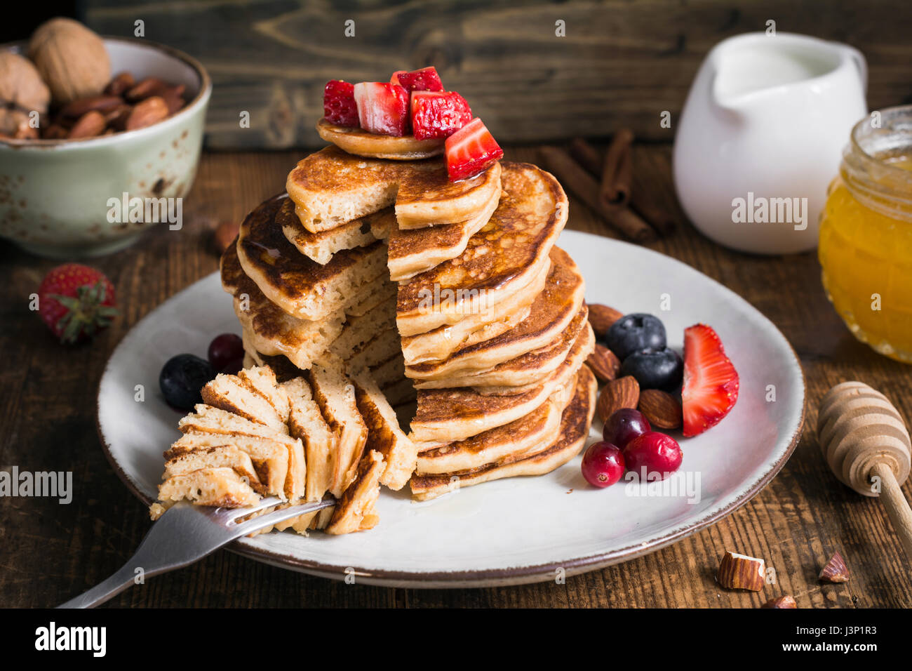 Healthy pancakes. Stack of delicious healthy whole grain pancakes with