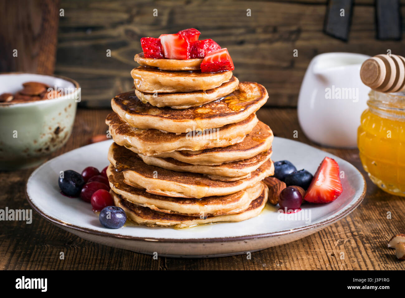 Healthy pancakes. Stack of delicious healthy whole grain pancakes with