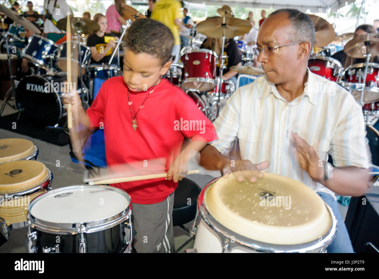 Miami Florida,Hollywood,Arts Park,The Big Beat,attempt,break,Guinness Book,world record,most drummers,same beat,drum set,drums,playing,Latin drums,boy Stock Photo