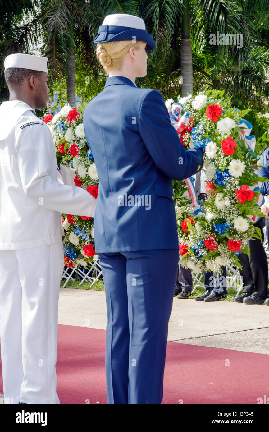 Miami Florida,Bayfront Park,The Moving Wall,Vietnam Veterans Memorial,replica,opening ceremony,military,war,wreath laying,Black Blacks African African Stock Photo