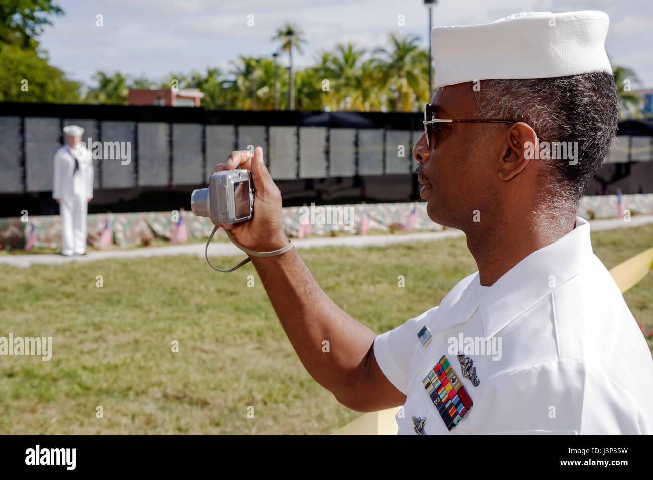 Miami Florida,Bayfront Park,The Moving Wall,Vietnam Veterans Memorial,replica,names,killed in action,opening ceremony,military,war,Navy,sailor,Black B Stock Photo