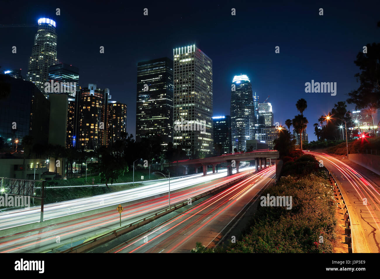 long exposure image of downtown Los Angeles at night Stock Photo