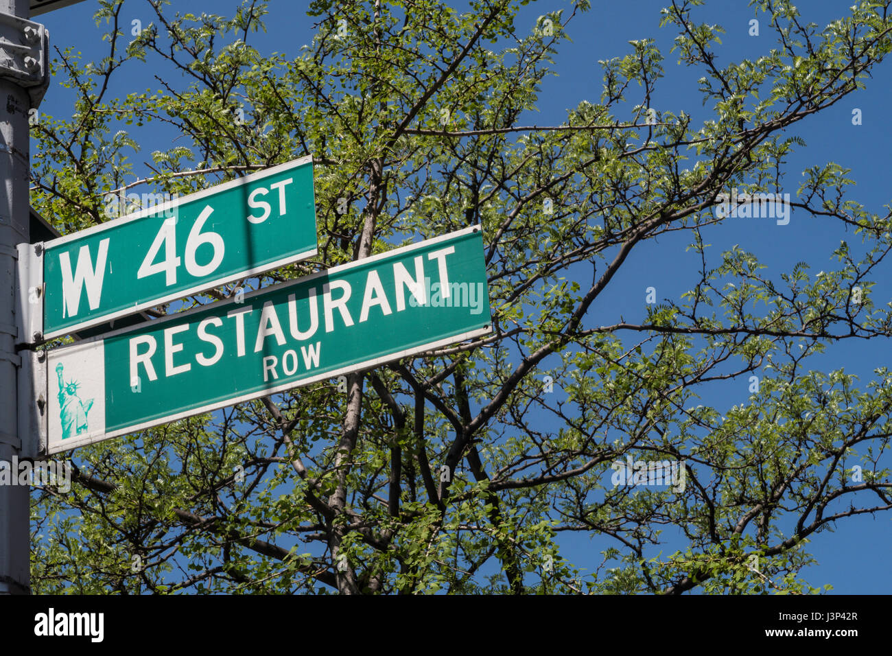 Street Signs, Restaurant Row, West 46th Street, Hell's Kitchen, NYC, USA Stock Photo