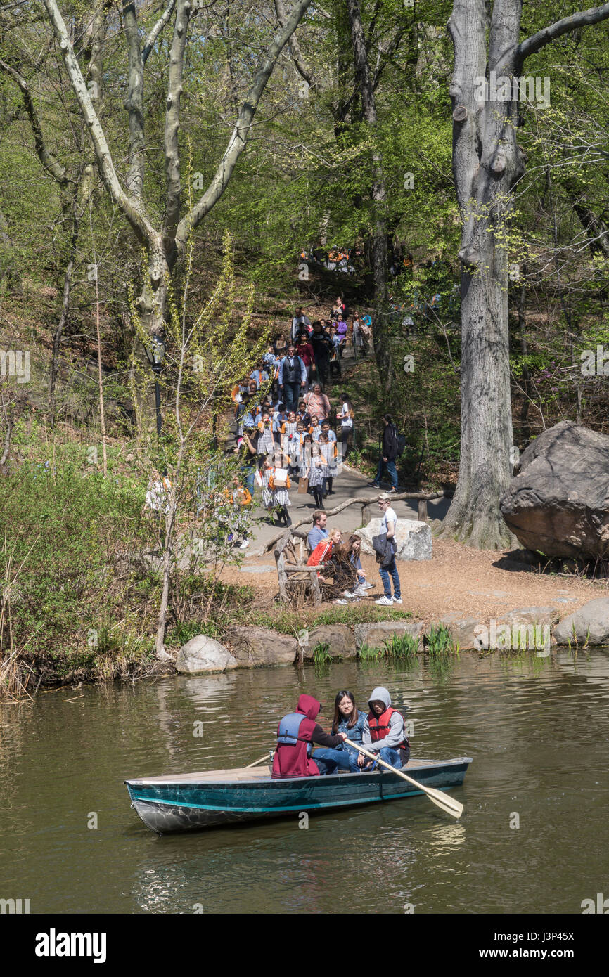 People Enjoying the Lake and Ramble in Central Park, NYC, USA Stock Photo