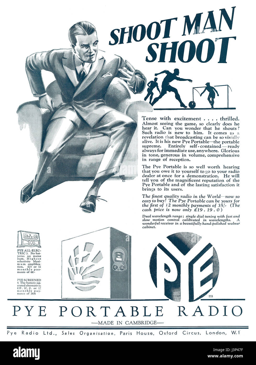 1930 British advertisement for the Pye Portable Radio. Stock Photo