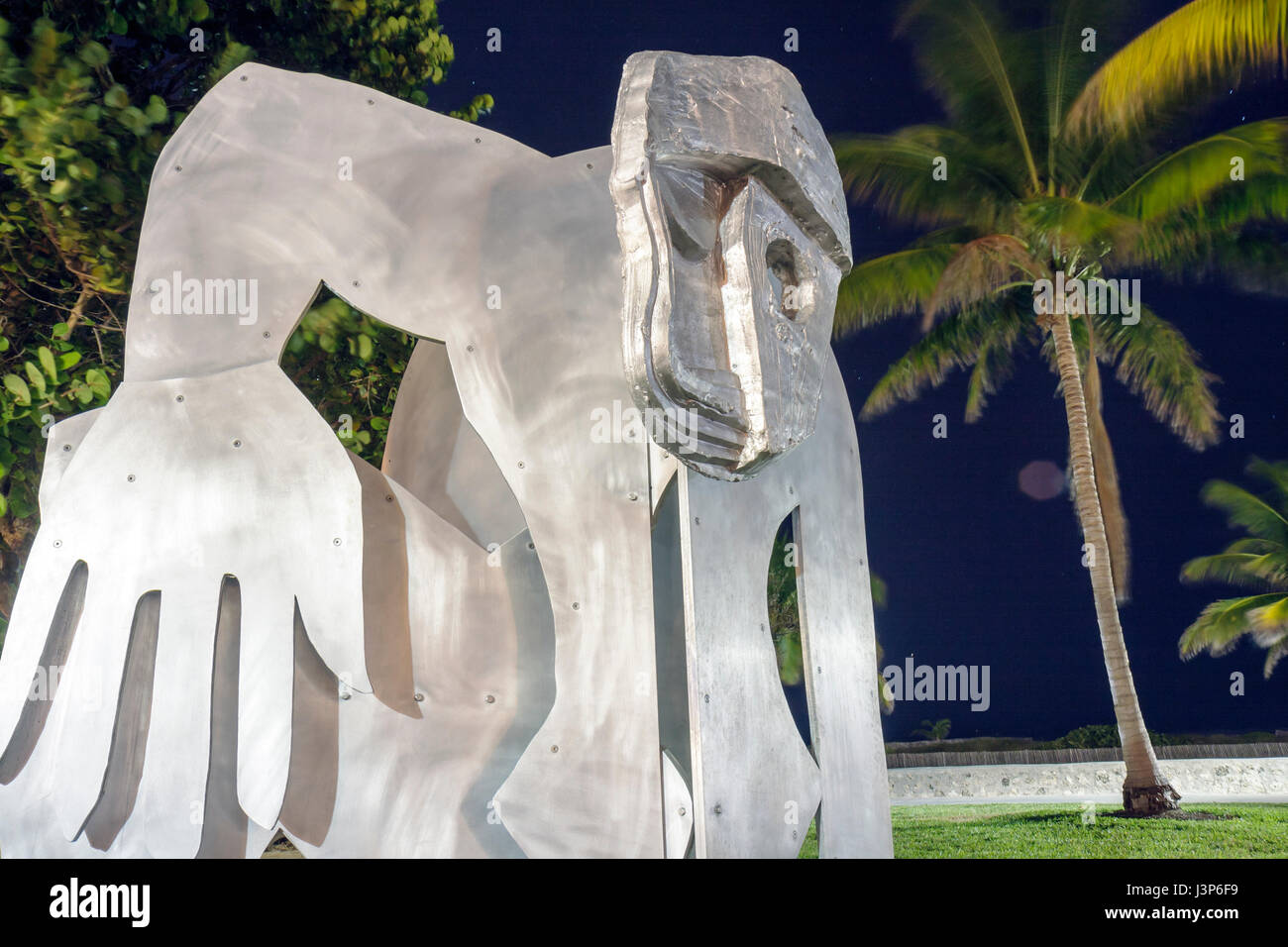 Miami Beach Florida,Lummus Park,Art Basel,Art Positions,Thomas Housegao,aluminum,sculpture,large scale,figure,silver color,public art,FL081208004 Stock Photo