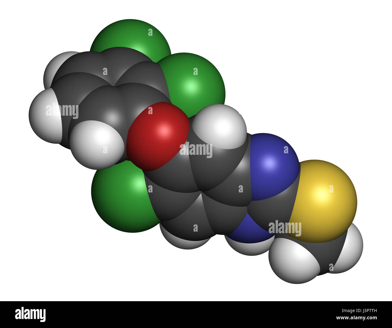 Triclabendazole anthelmintic drug molecule. Atoms are represented as spheres with conventional color coding: hydrogen (white), carbon (grey), oxygen ( Stock Photo