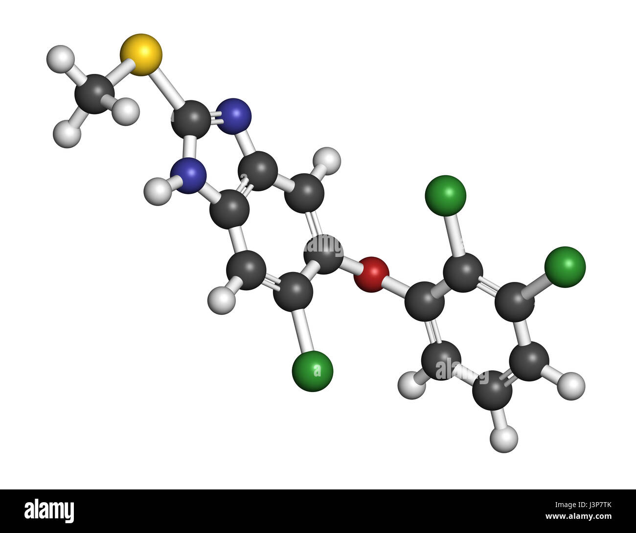 Triclabendazole anthelmintic drug molecule. Atoms are represented as spheres with conventional color coding: hydrogen (white), carbon (grey), oxygen ( Stock Photo