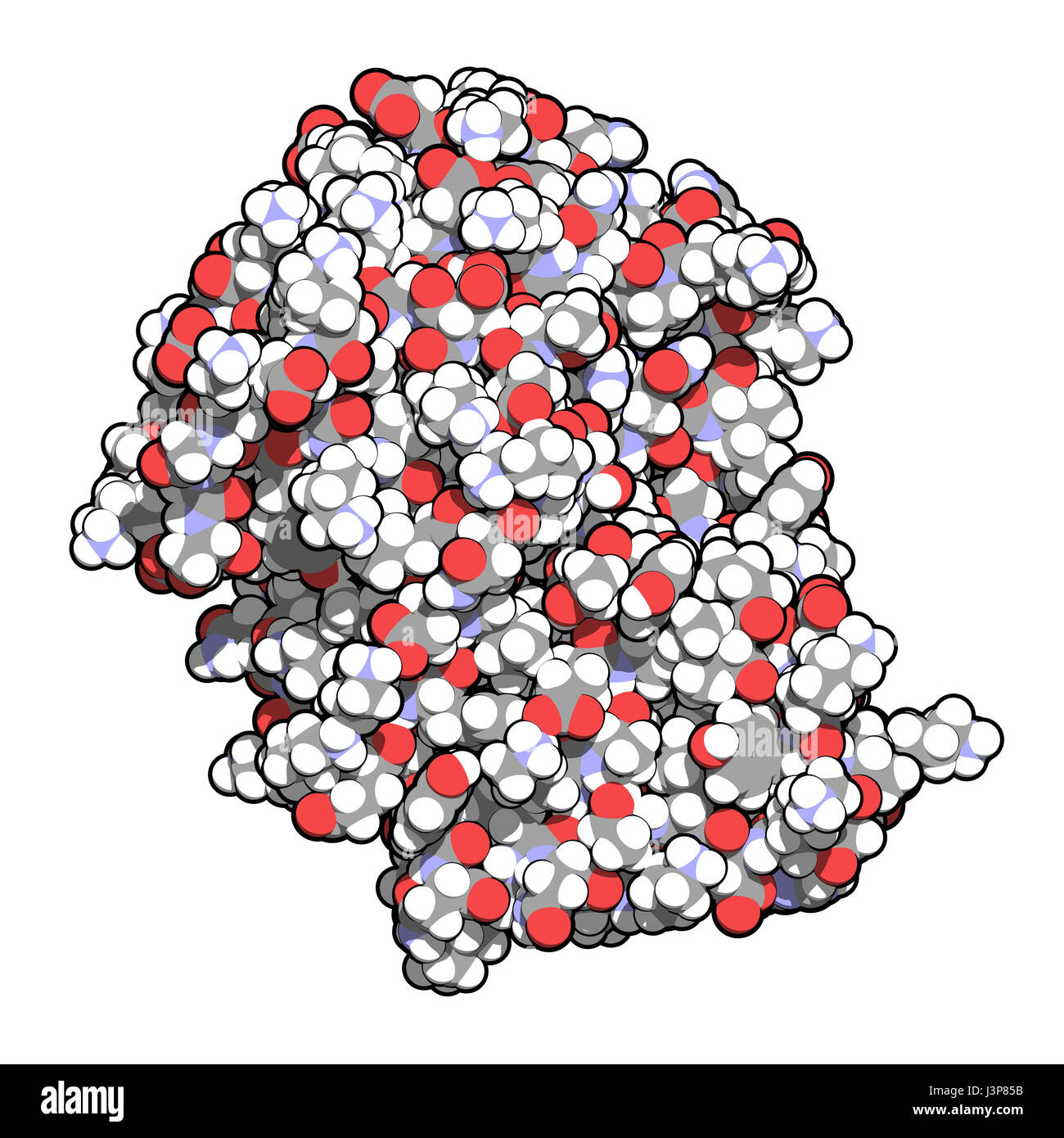 Beta-lactamase enzyme from Staphylococcus aureus. Responsible for resistance against penicillin and related antibiotics. Atoms shown as color-coded sp Stock Photo