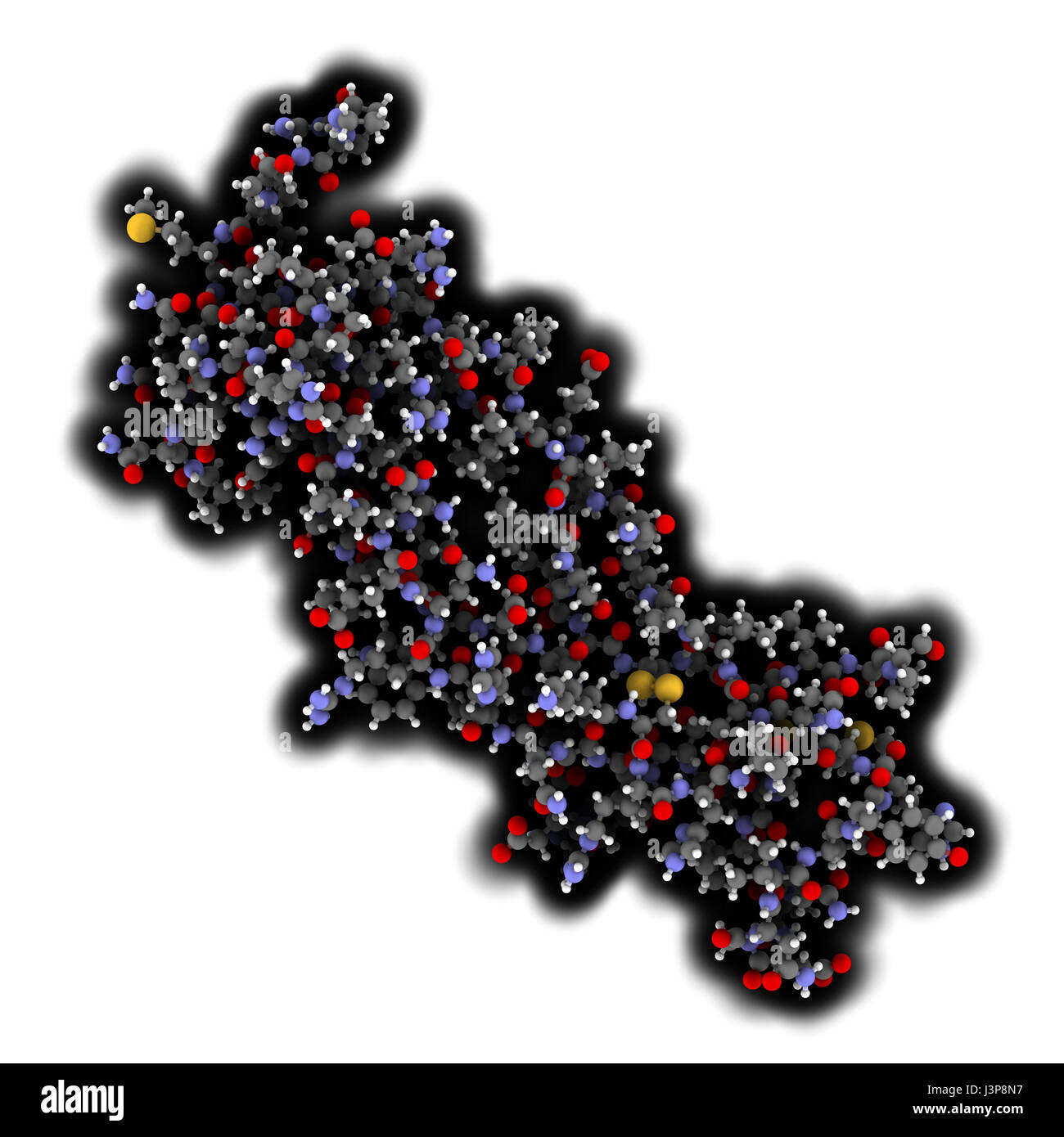 Interleukin 17 (IL-17A, IL-17) cytokine molecule. IL-17 antibodies are evaluated for the treatment of psoriasis and other diseases. Atoms shown as col Stock Photo