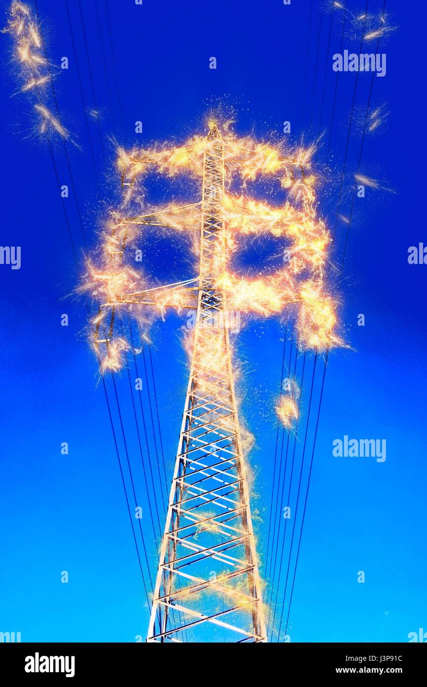 Digitally enhanced image of high voltage power lines and pylon Stock ...