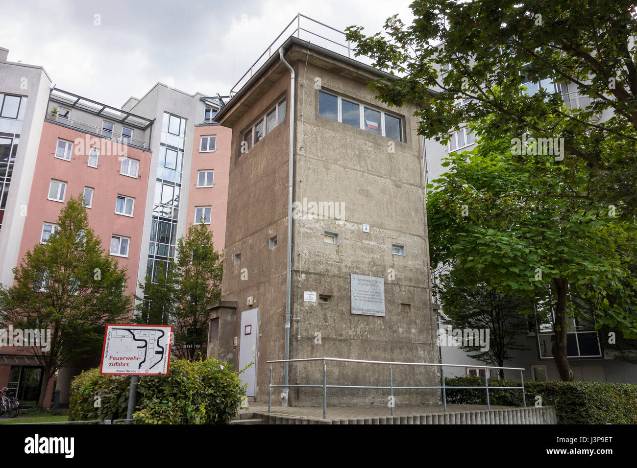 Berlin. Germany. Gedenkstätte Günter Litfin, former border watchtower restored as a memorial to Günter Litfin, who was shot whilst attempting to leave Stock Photo