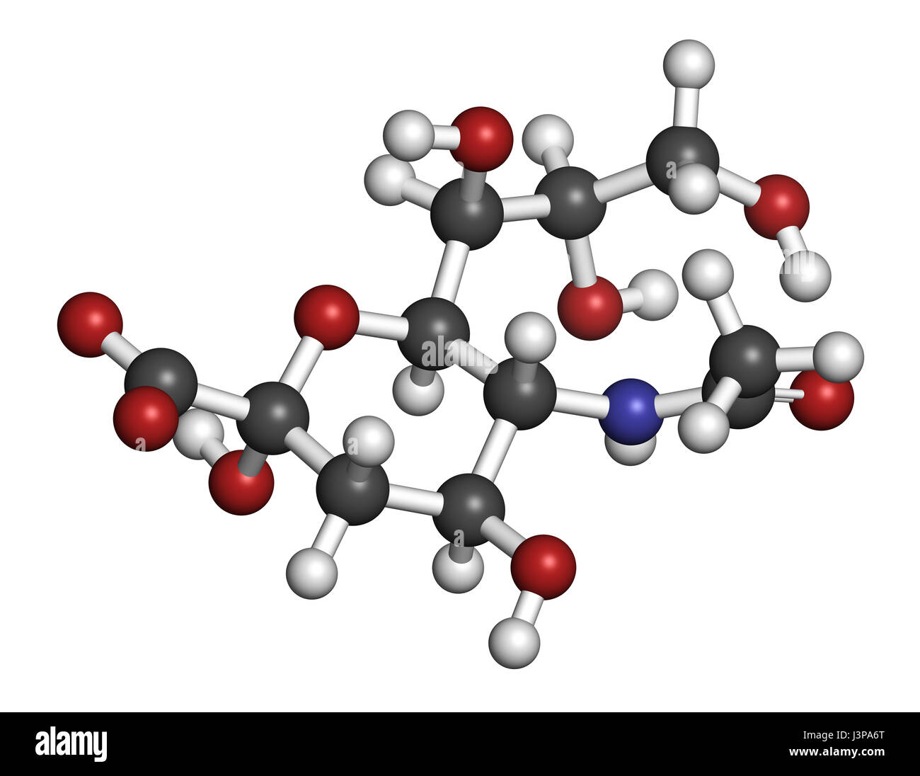 Sialic acid (N-acetylneuraminic acid, Neu5Ac, NANA) molecule. Atoms are represented as spheres with conventional color coding: hydrogen (white), carbo Stock Photo