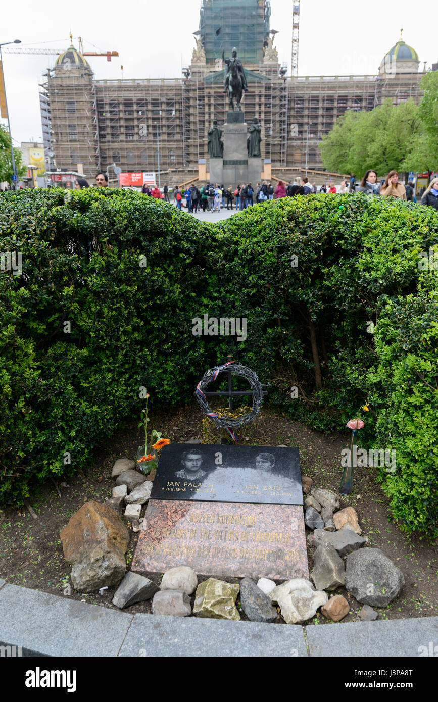 Memorial of Jan Pallach and Jan Zajic on Wenceslas Square in Prague, Czech Republic Stock Photo