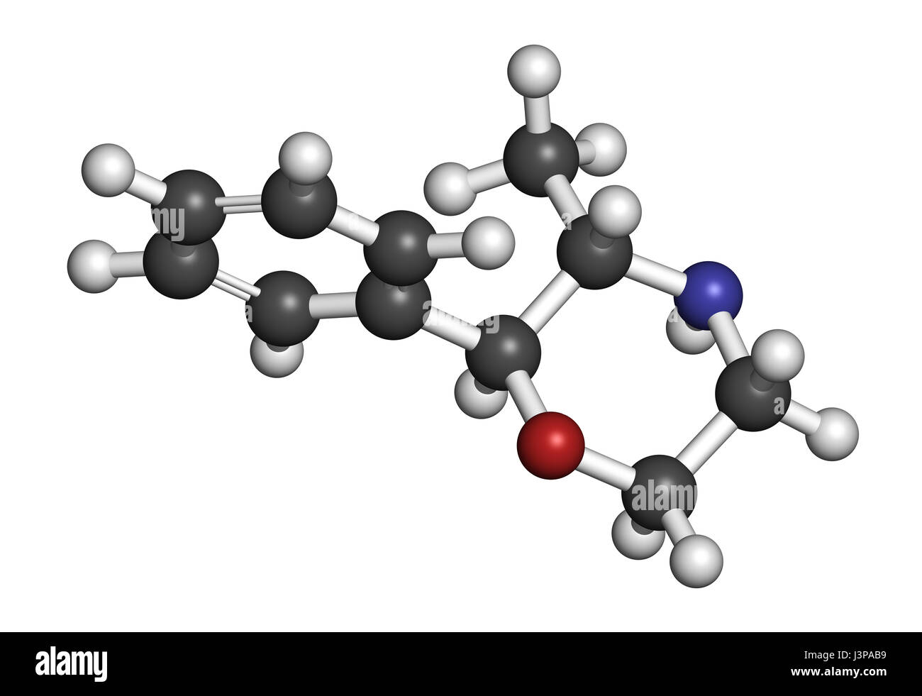 Phenmetrazine stimulant drug molecule (amphetamine class). Used as stimulant and appetite suppressant. Atoms are represented as spheres with conventio Stock Photo