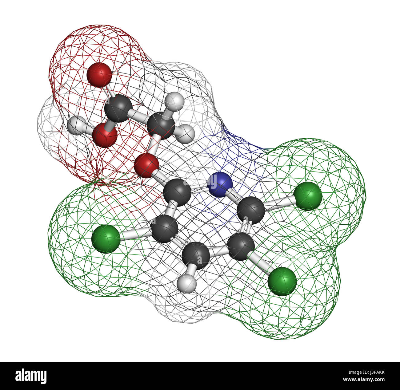 Triclopyr herbicide (broadleaf weed killer) molecule. Atoms are represented as spheres with conventional color coding: hydrogen (white), carbon (grey) Stock Photo
