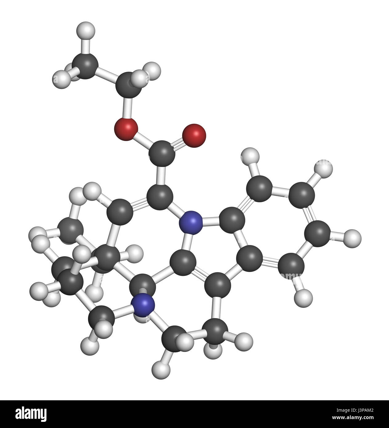 Vinpocetine molecule. Semisynthetic vinca alkaloid derivative, used as
