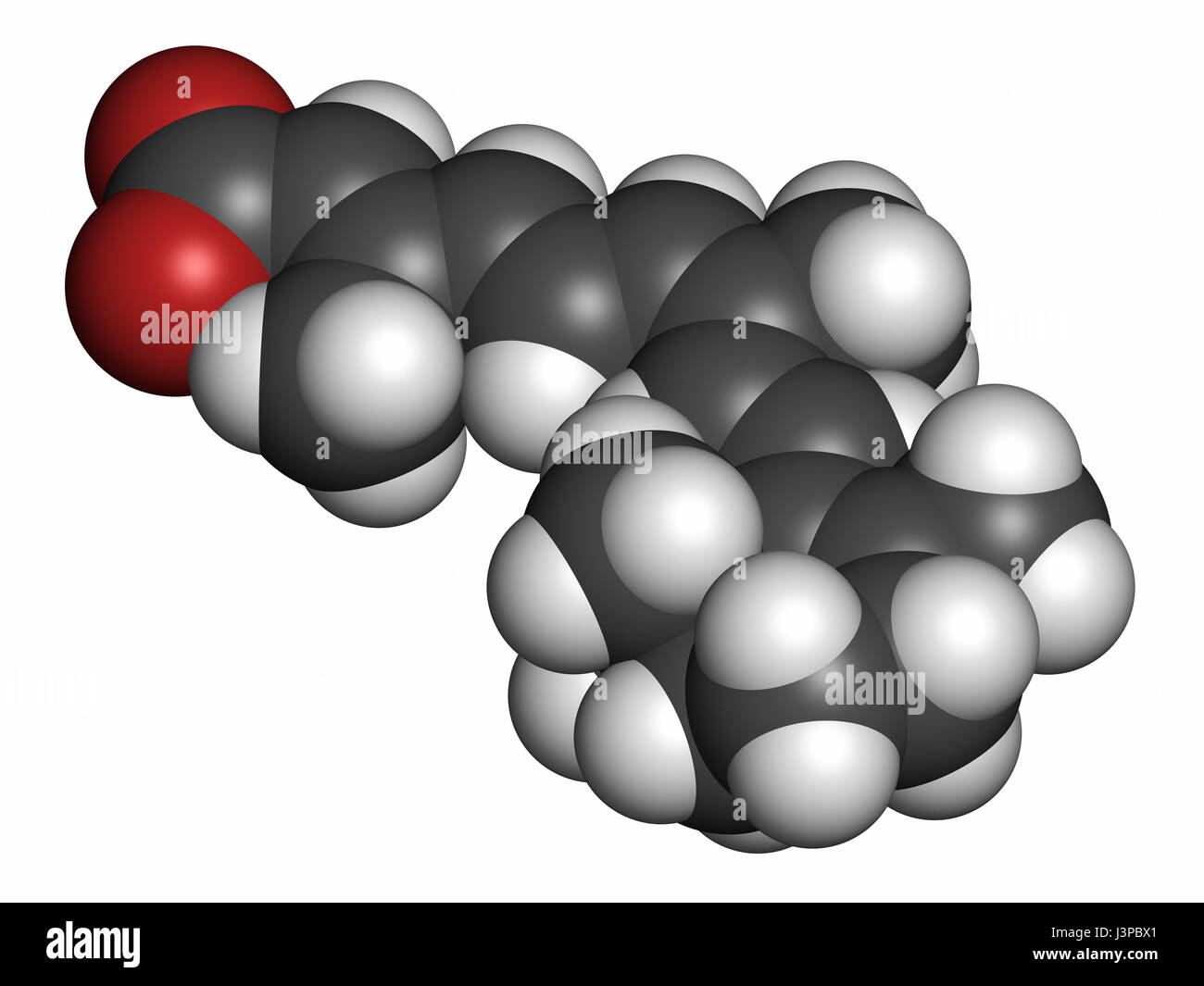 Alitretinoin (9-cis-retinoic acid) cancer and eczema drug molecule. Analog of vitamin A. Atoms are represented as spheres with conventional color codi Stock Photo
