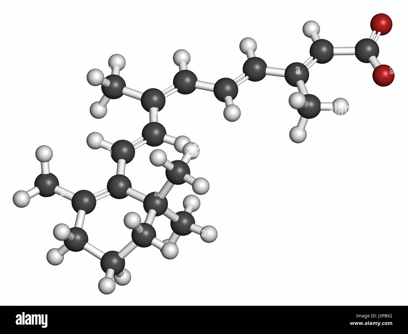 Alitretinoin (9-cis-retinoic acid) cancer and eczema drug molecule. Analog of vitamin A. Atoms are represented as spheres with conventional color codi Stock Photo