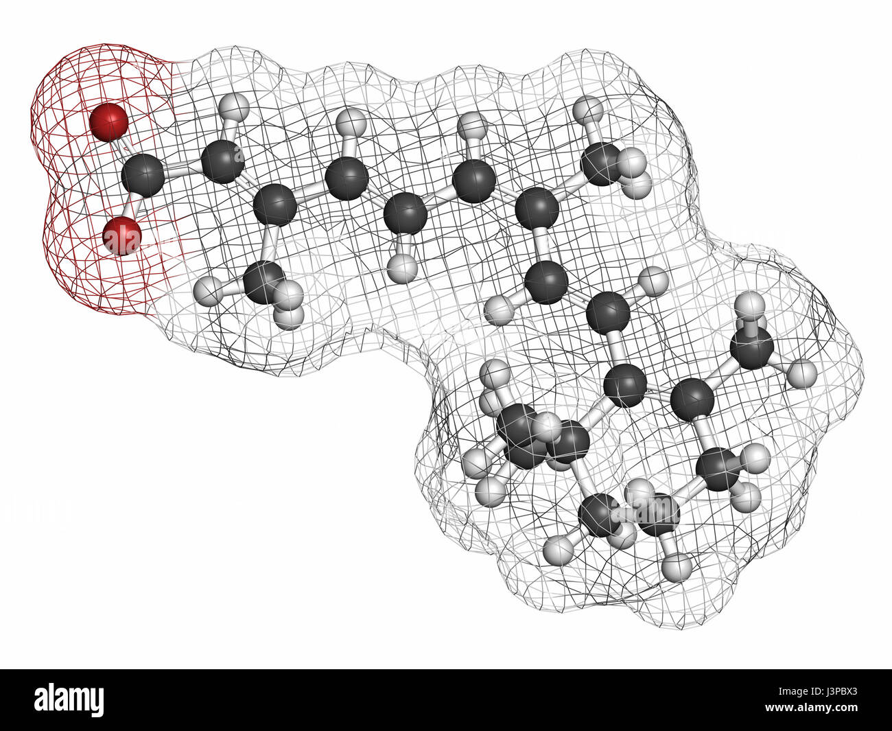 Alitretinoin (9-cis-retinoic acid) cancer and eczema drug molecule. Analog of vitamin A. Atoms are represented as spheres with conventional color codi Stock Photo