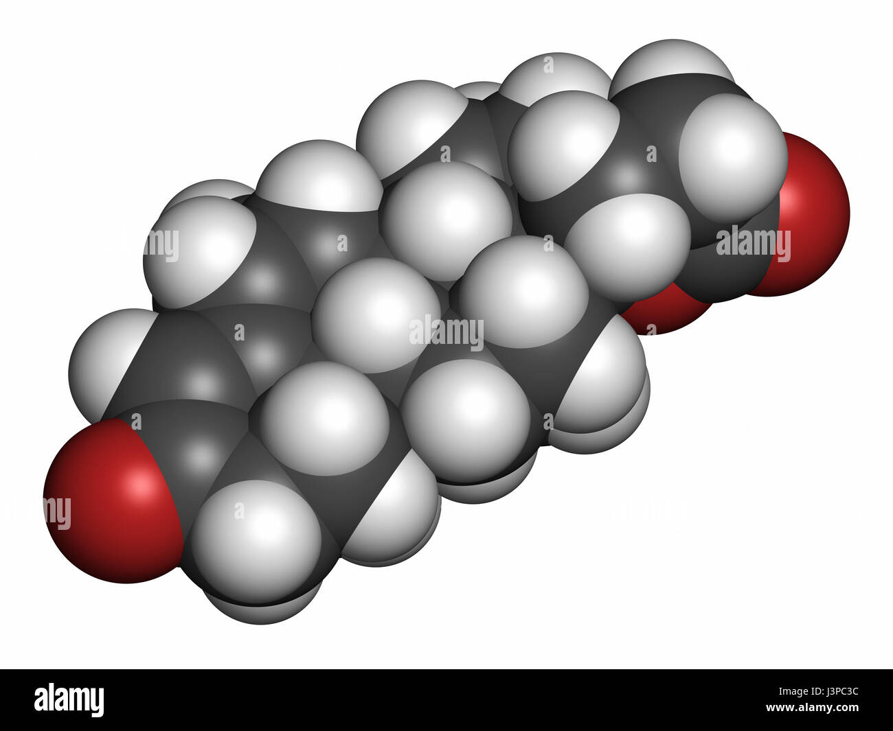 Drospirenone contraceptive drug molecule. Progestin used in birth control pills. Atoms are represented as spheres with conventional color coding: hydr Stock Photo