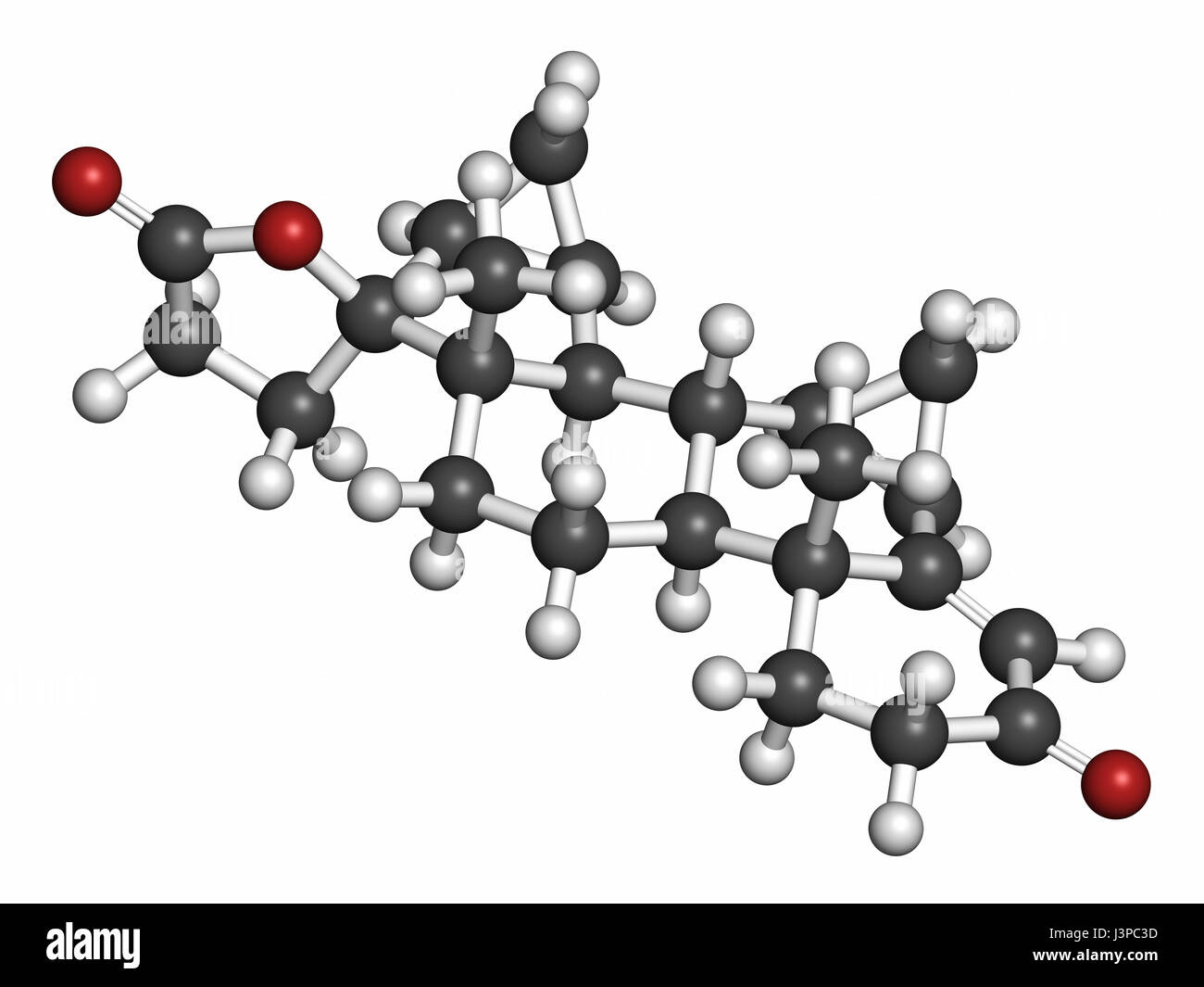 Drospirenone contraceptive drug molecule. Progestin used in birth control pills. Atoms are represented as spheres with conventional color coding: hydr Stock Photo