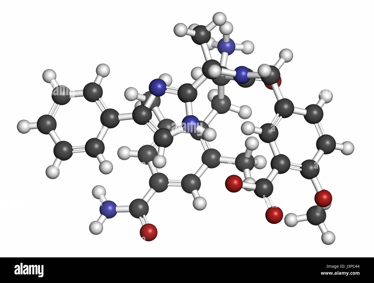 Eluxadoline irritable bowel syndrome (IBS) drug molecule. Atoms are represented as spheres with conventional color coding: hydrogen (white), carbon (g Stock Photo
