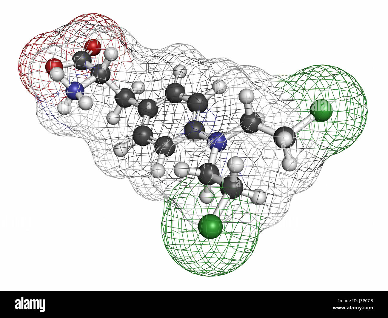 Melphalan Color Melphalan cancer chemotherapy drug molecule. Atoms are represented as ...