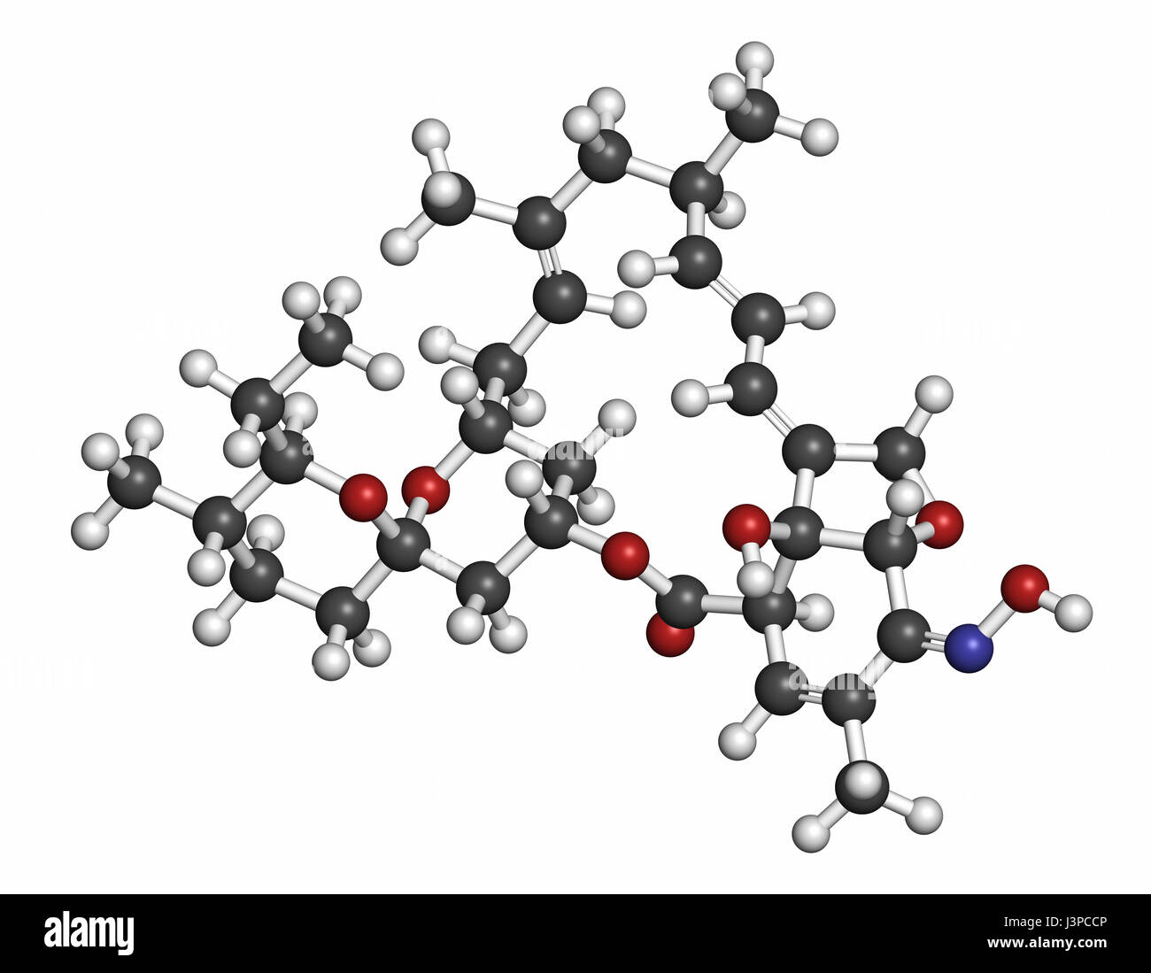 Milbemycin oxime antiparasitic drug molecule (veterinary). Atoms are represented as spheres with conventional color coding: hydrogen (white), carbon ( Stock Photo
