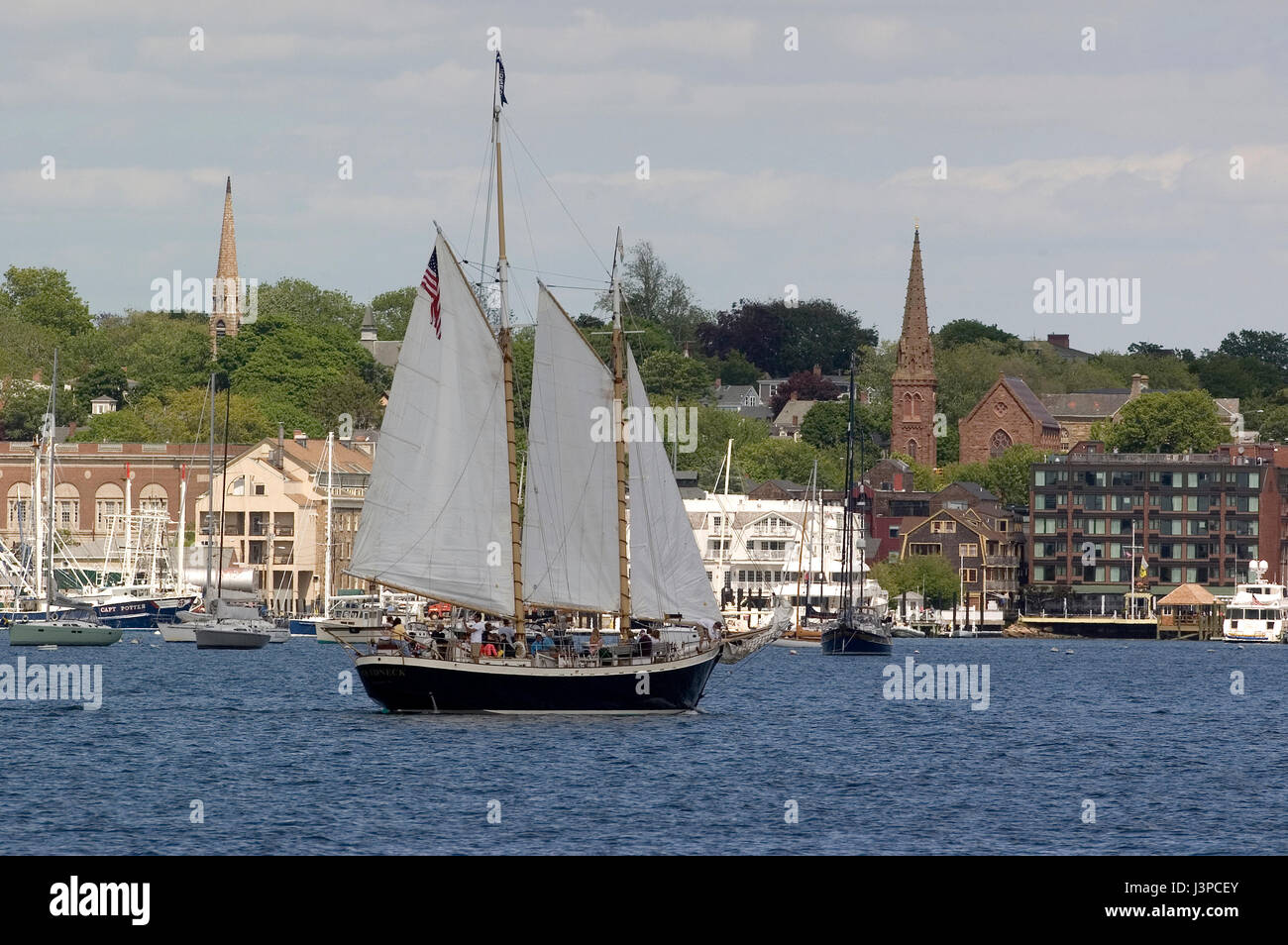 The two masted schooner 'Aquidneck' enters Newport Harbor, Rhode Island, USA Stock Photo