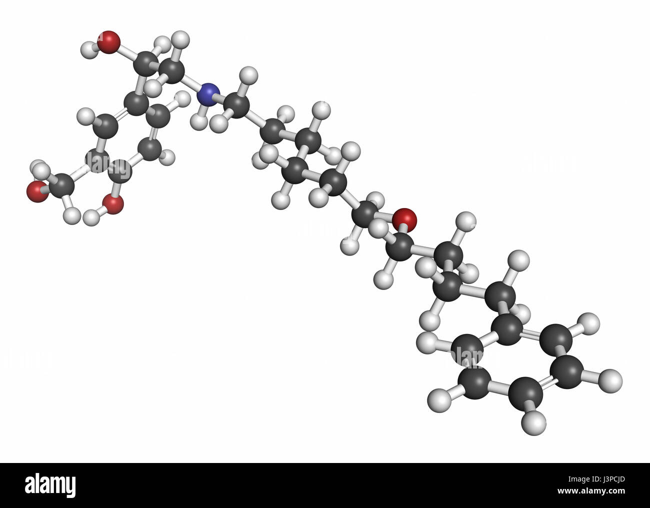 Salmeterol asthma drug molecule. Atoms are represented as spheres with conventional color coding: hydrogen (white), carbon (grey), oxygen (red), nitro Stock Photo