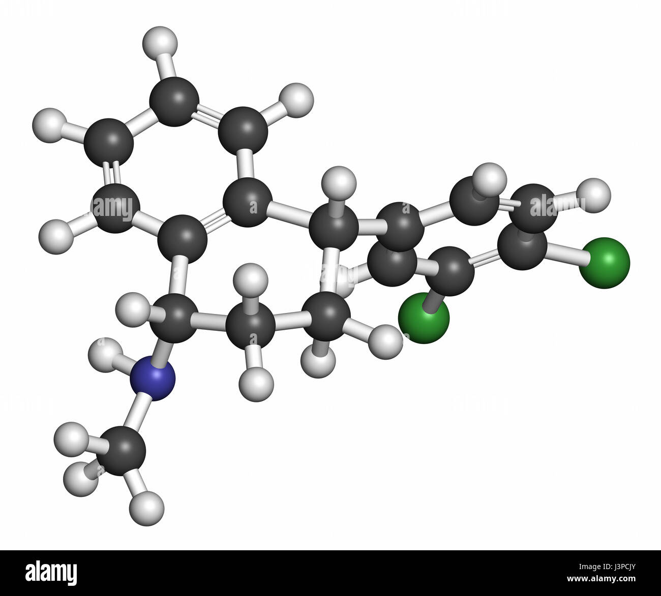 Sertraline antidepressant drug molecule. Atoms are represented as spheres with conventional color coding: hydrogen (white), carbon (grey), nitrogen (b Stock Photo