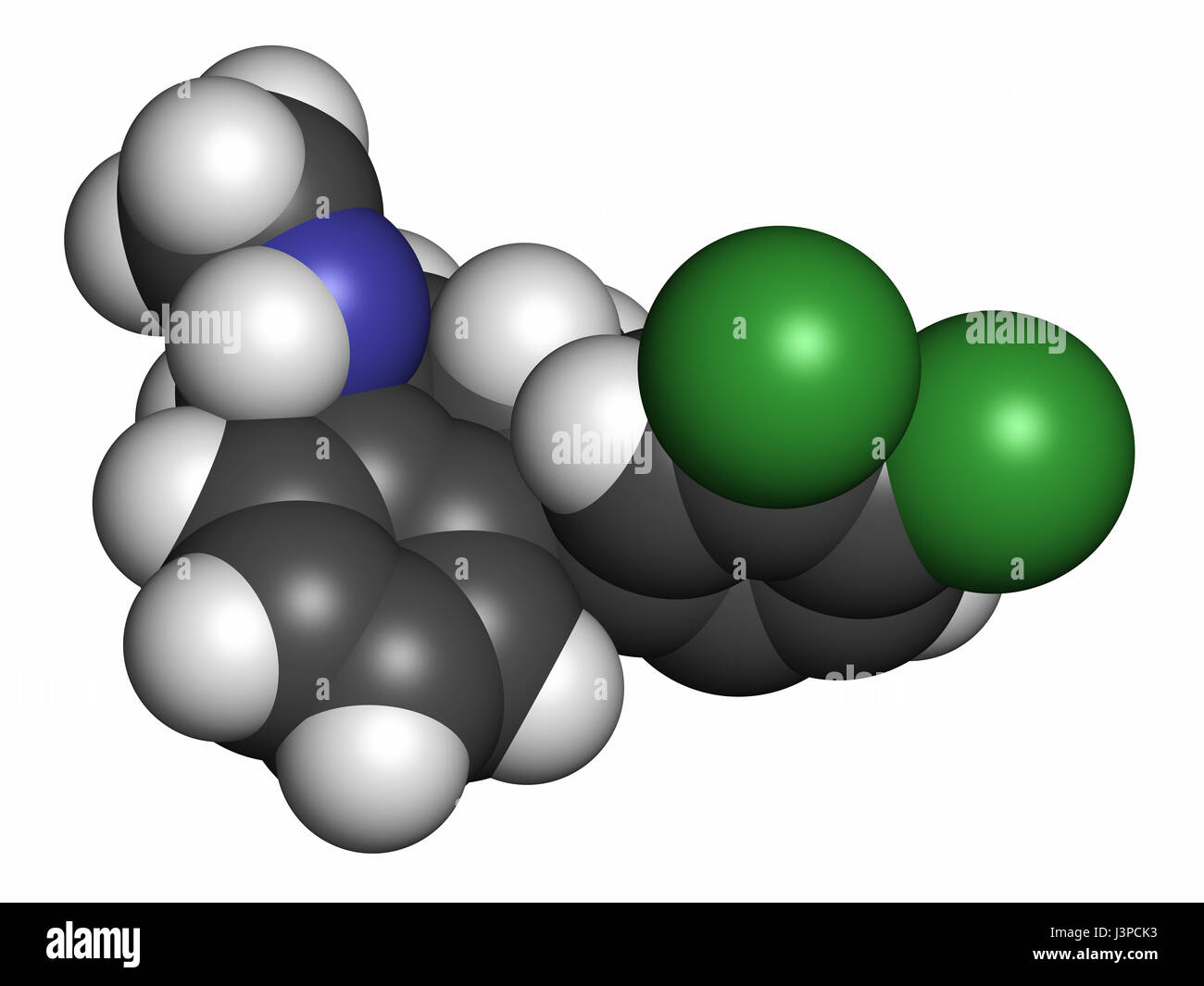 Sertraline antidepressant drug molecule. Atoms are represented as spheres with conventional color coding: hydrogen (white), carbon (grey), nitrogen (b Stock Photo