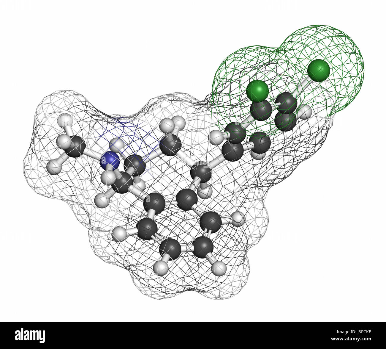 Sertraline antidepressant drug molecule. Atoms are represented as spheres with conventional color coding: hydrogen (white), carbon (grey), nitrogen (b Stock Photo