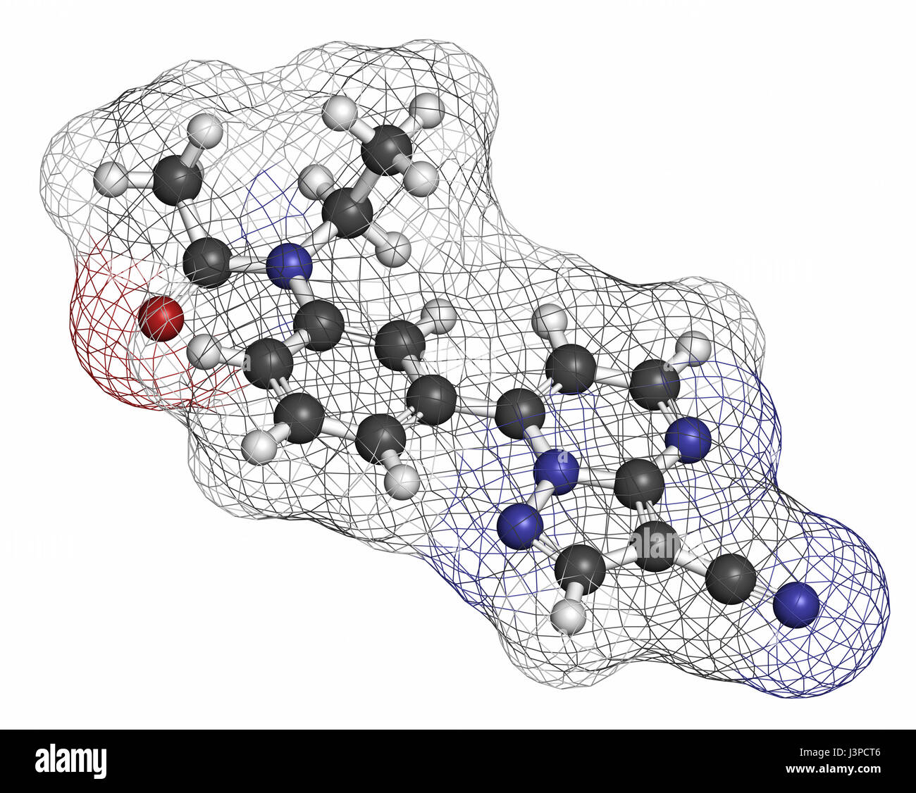 Zaleplon hypnotic drug molecule (sleeping pill). Atoms are represented