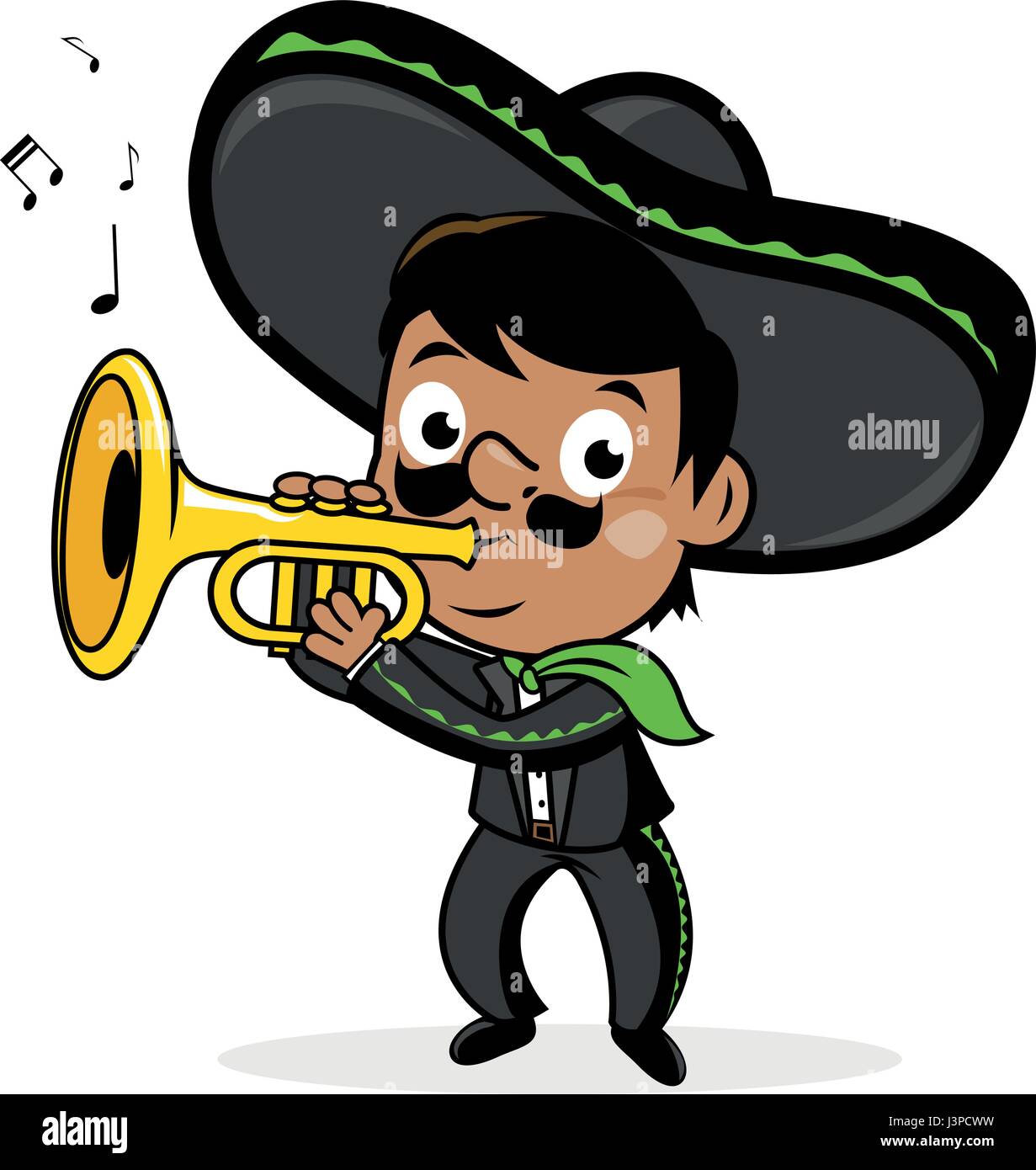 Cartoon Mexican mariachi musician man with a sombrero hat and costume, playing the trumpet. Cinco de Mayo party celebration with music. Stock Vector