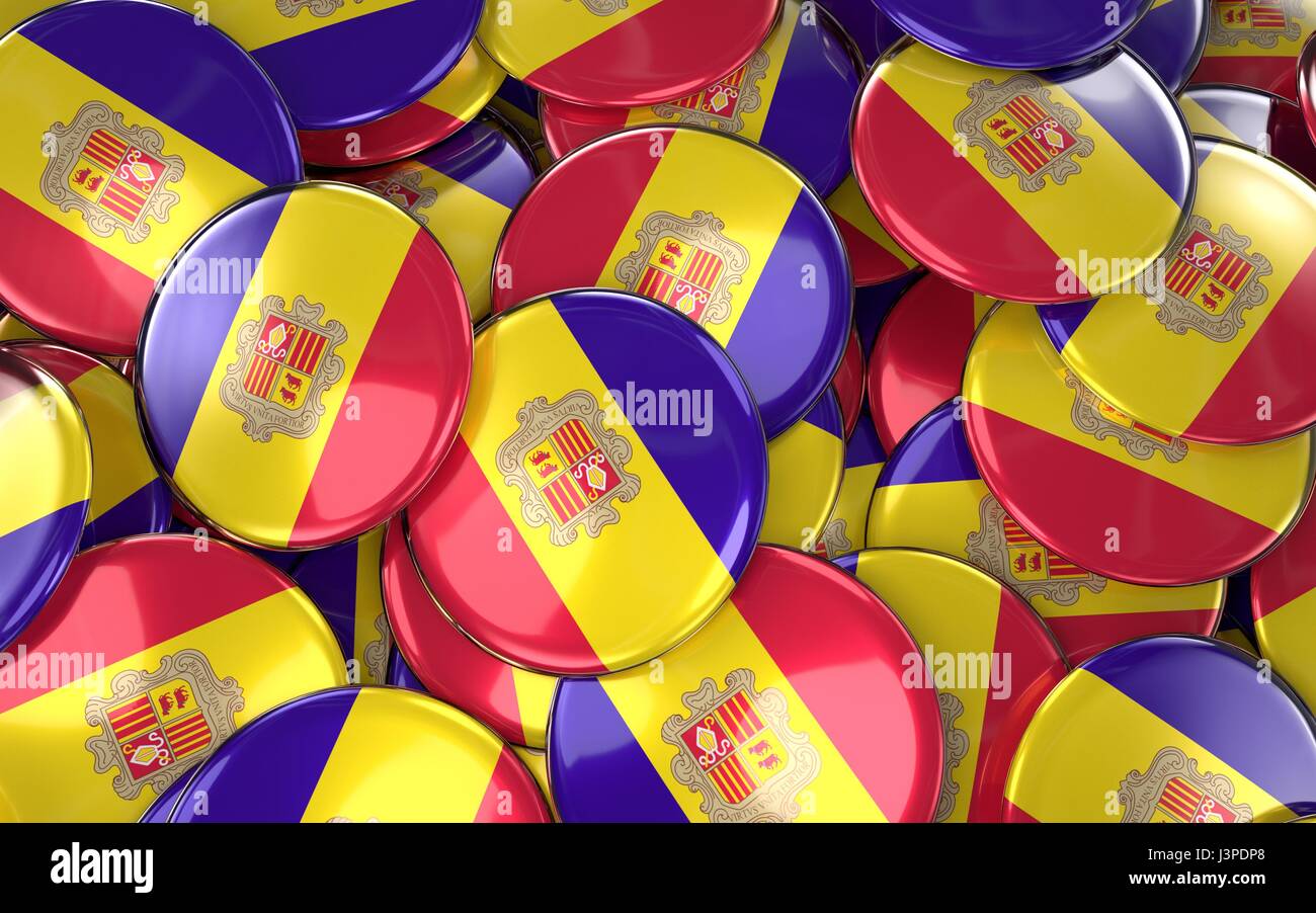 Andorra Badges Background - Pile of Andorran Flag Buttons. 3D Rendering Stock Photo