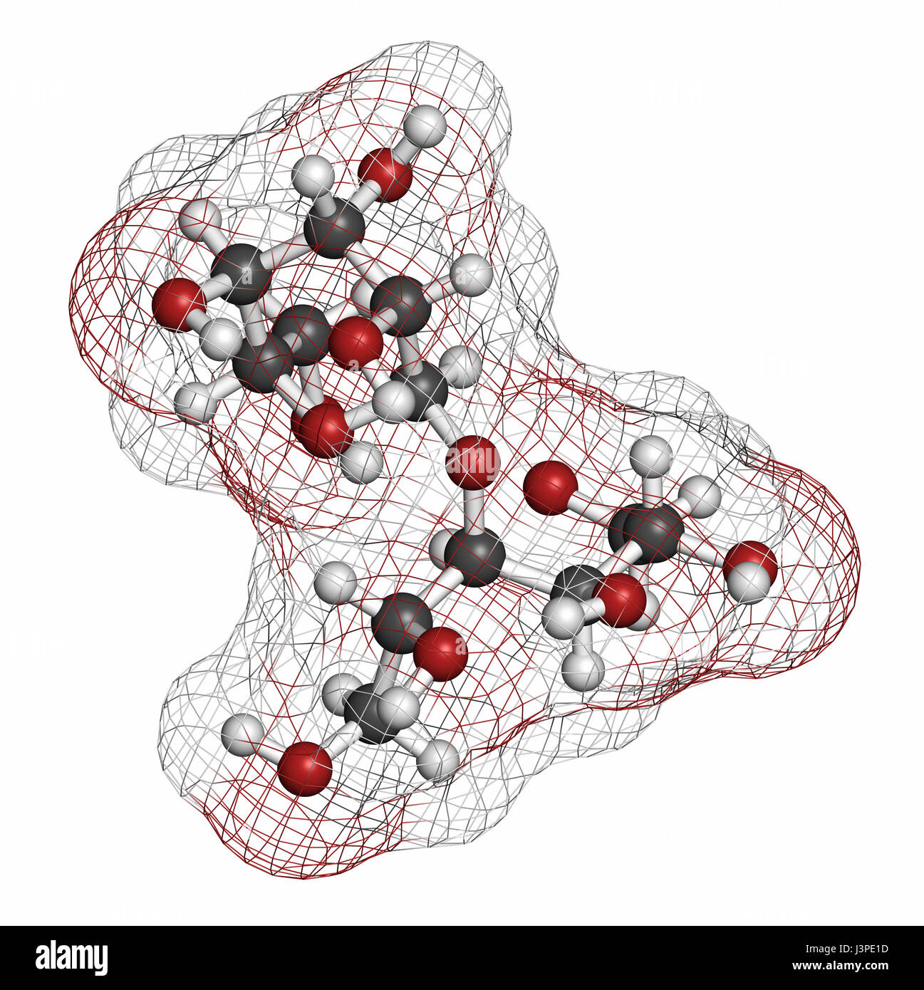 Maltitol sugar alcohol sweetener molecule. Atoms are represented as