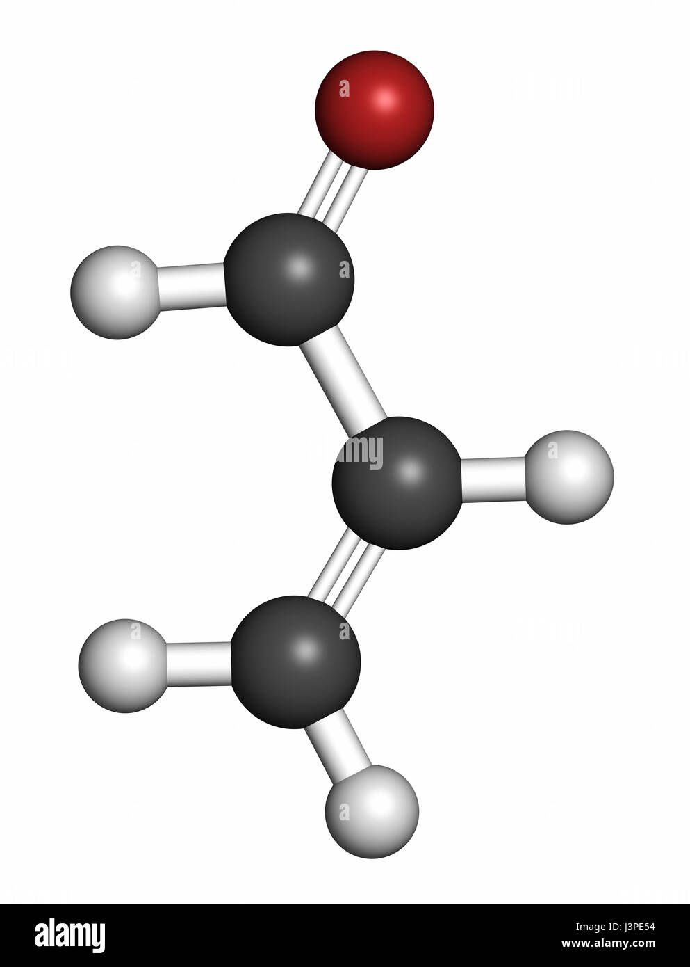 Acrolein (propenal) molecule. Toxic molecule that is formed when fat or oil is heated and is present in e.g. french fries.  Atoms are represented as s Stock Photo