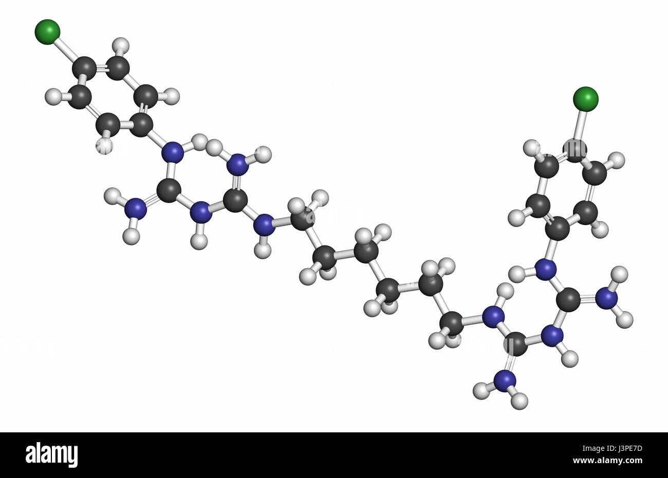 Chlorhexidine antiseptic molecule. Atoms are represented as spheres with conventional color