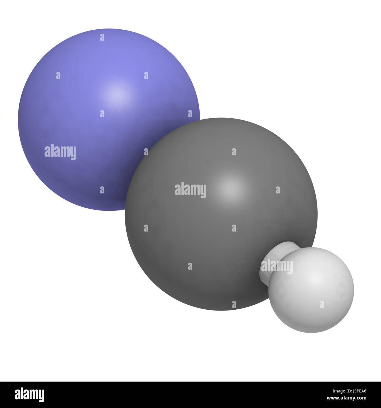 Hydrogen cyanide (HCN) poison molecule. Has typical almond-like odor. Atoms are represented as spheres with conventional color coding: hydrogen (white Stock Photo