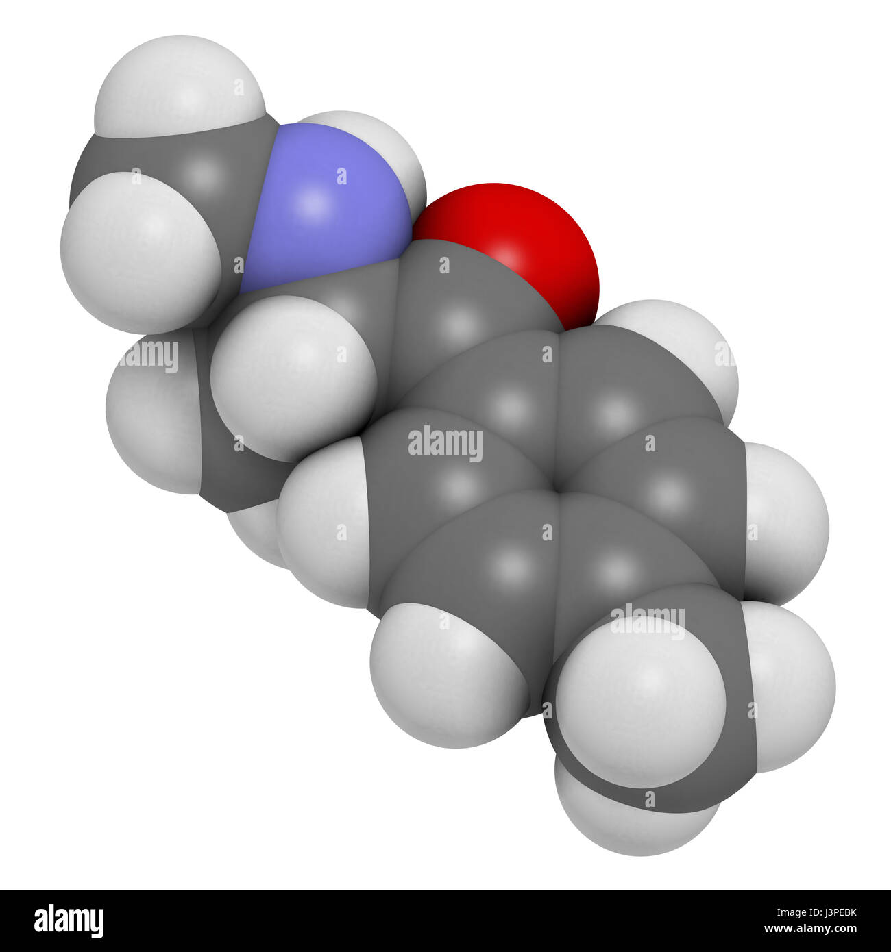 Mephedrone (4-MMC, 4-methylmethcathinone, 4-methylephedrone) stimulant drug molecule (designer drug). Atoms are represented as spheres with convention Stock Photo
