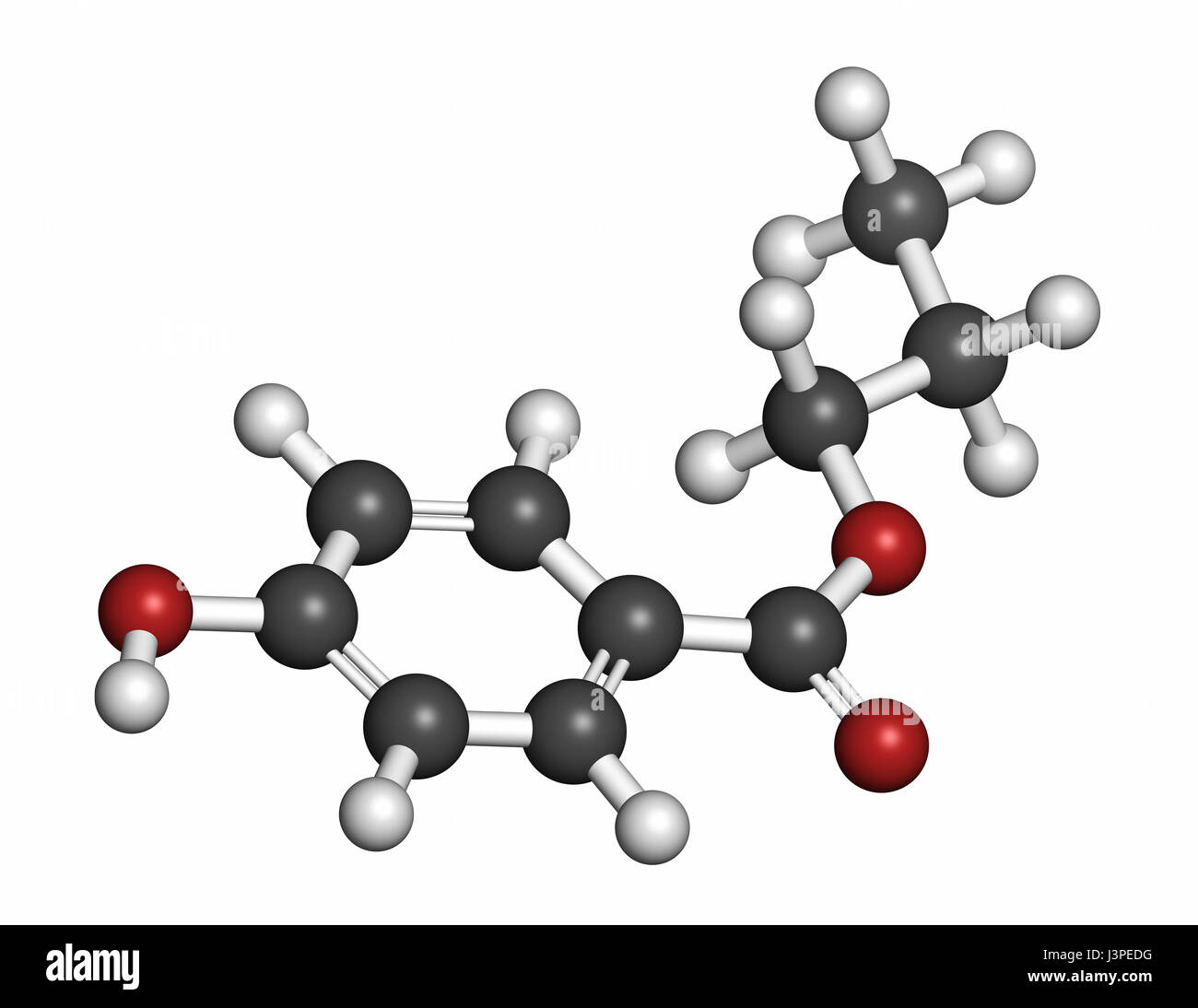 Propylparaben preservative molecule (paraben class). Atoms are