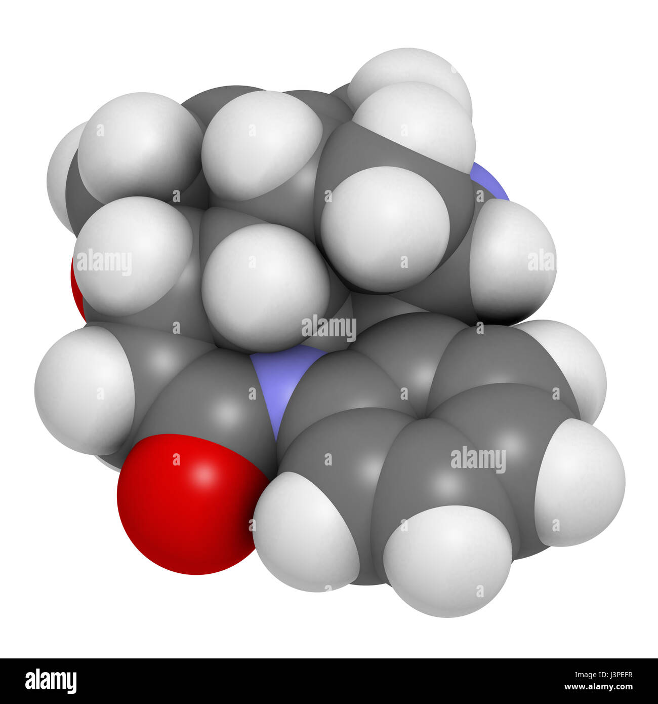 Strychnine poisonous alkaloid molecule. Isolated from Strychnos nux-vomica tree. Atoms are represented as spheres with conventional color coding: hydr Stock Photo