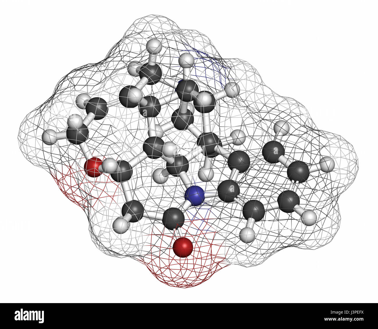 Strychnine poisonous alkaloid molecule. Isolated from Strychnos nux-vomica tree. Atoms are represented as spheres with conventional color coding: hydr Stock Photo