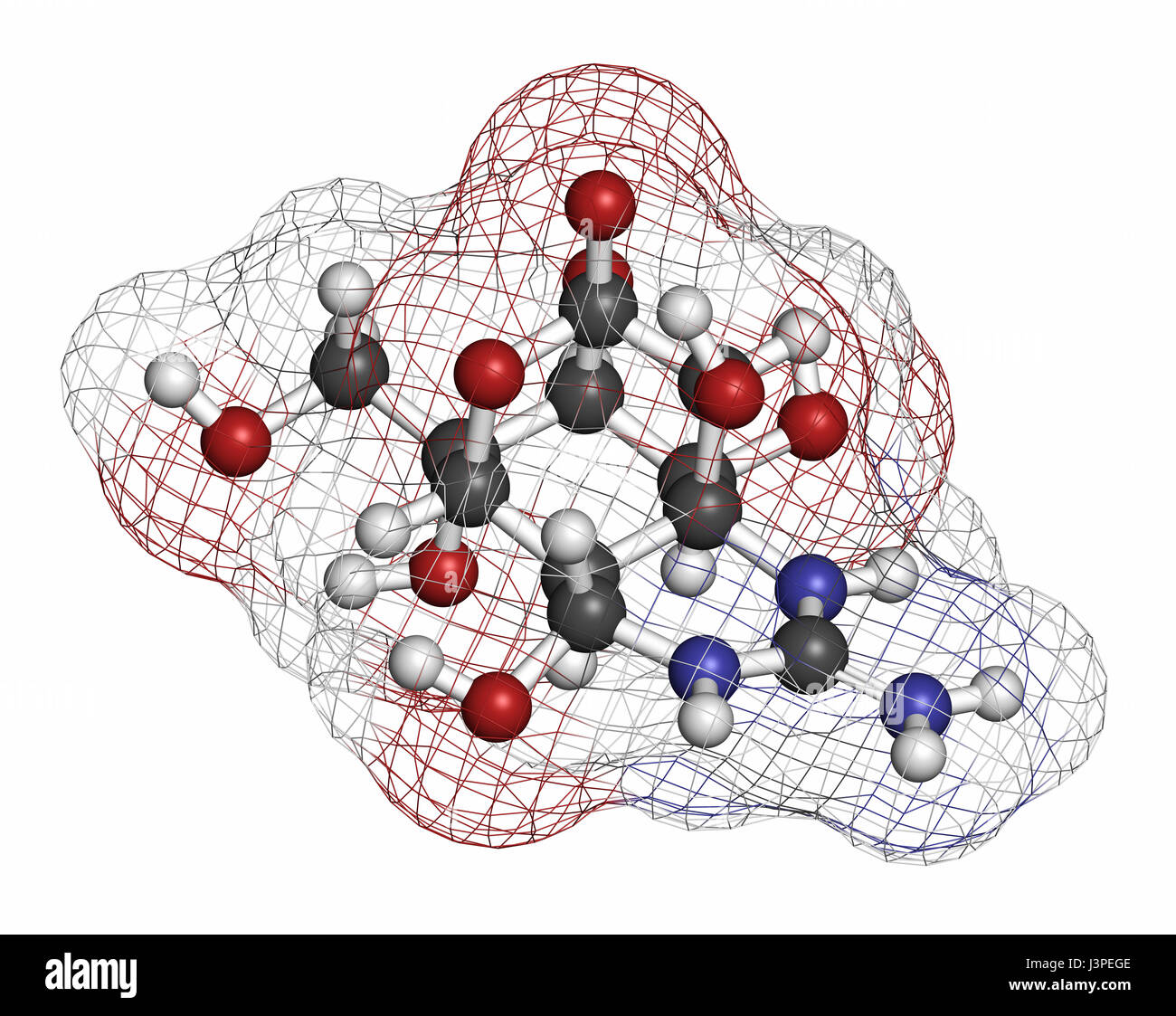Tetrodotoxin (TTX) pufferfish neurotoxin molecule. Atoms are represented as spheres with conventional color coding: hydrogen (white), carbon (grey), o Stock Photo