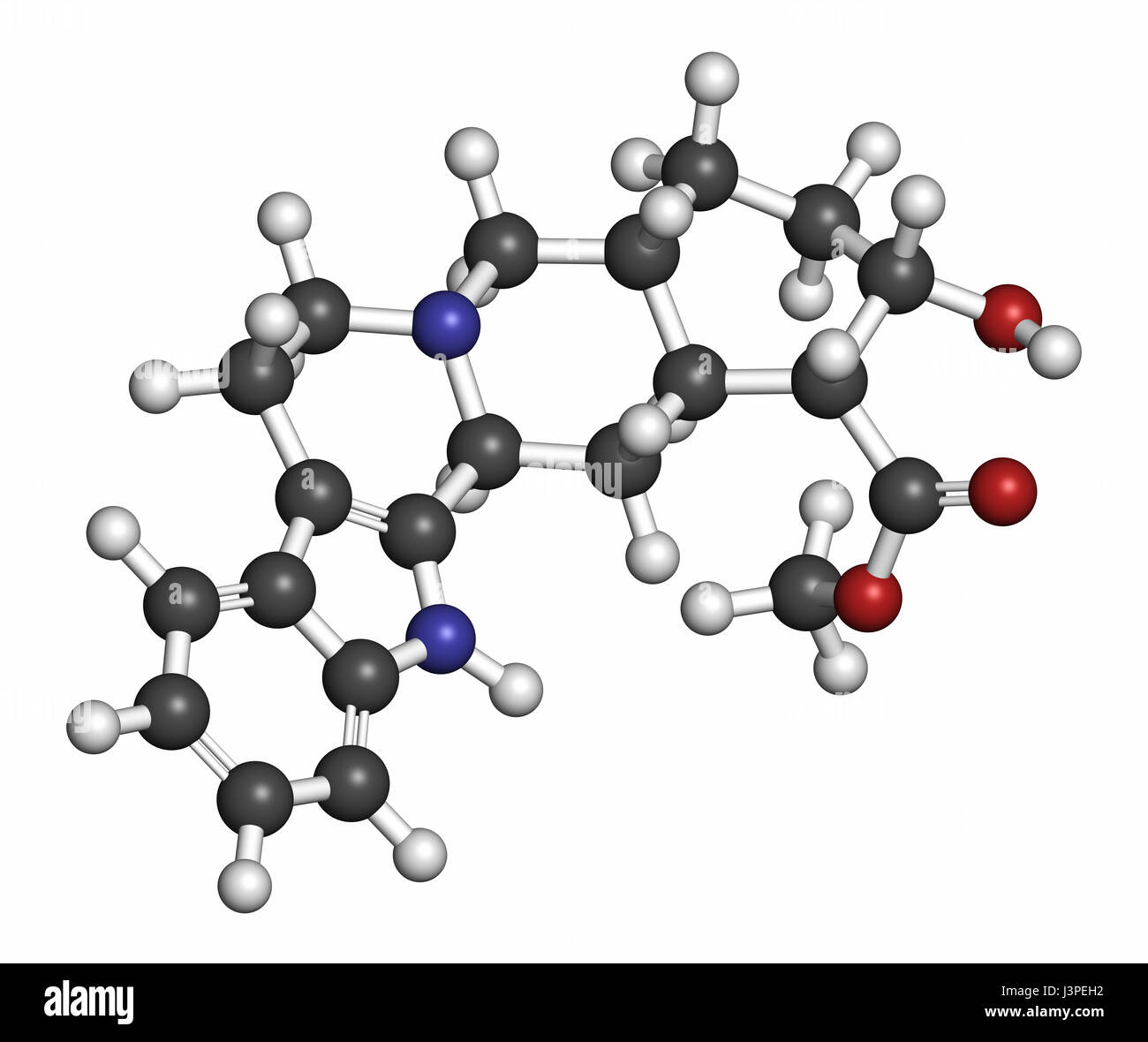 Yohimbine alkaloid molecule. Used as aphrodisiac drug. Atoms are