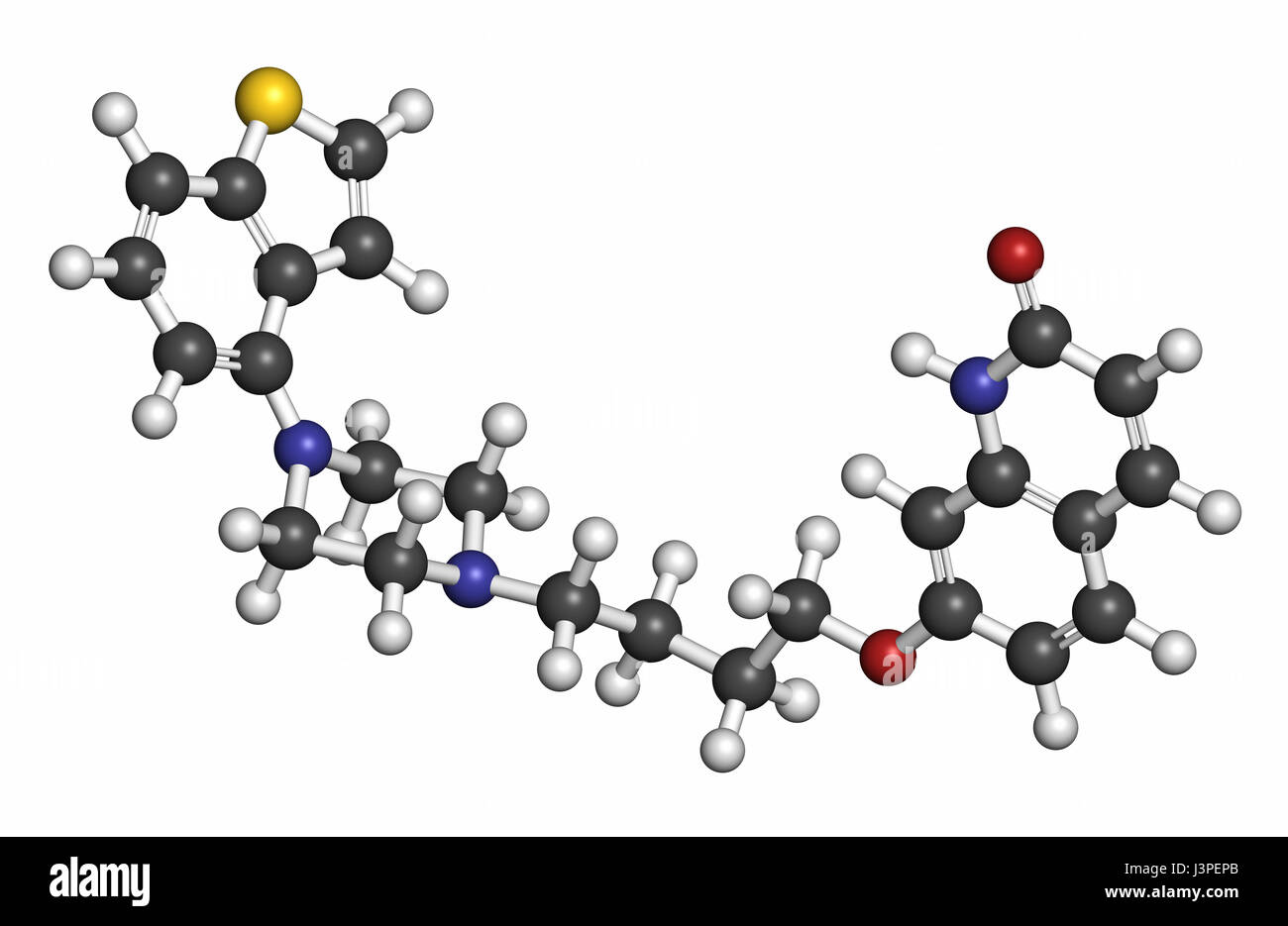 Brexpiprazole antipsychotic drug molecule. Atoms are represented as spheres with conventional color coding: hydrogen (white), carbon (grey), oxygen (r Stock Photo